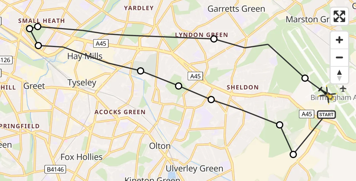 Flight route Police Helicopter Birmingham Airport - Birmingham Airport, 07 March 2026, 14:07