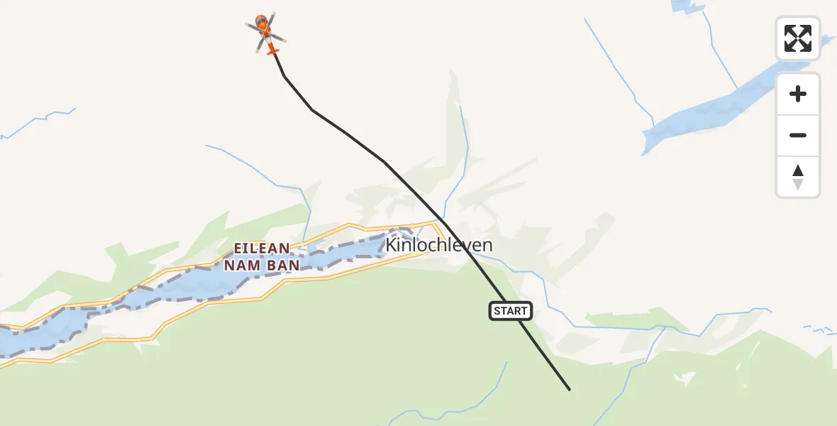 Flight path map showing Coastguard Helicopter route from Kinlochleven to Kinlochleven