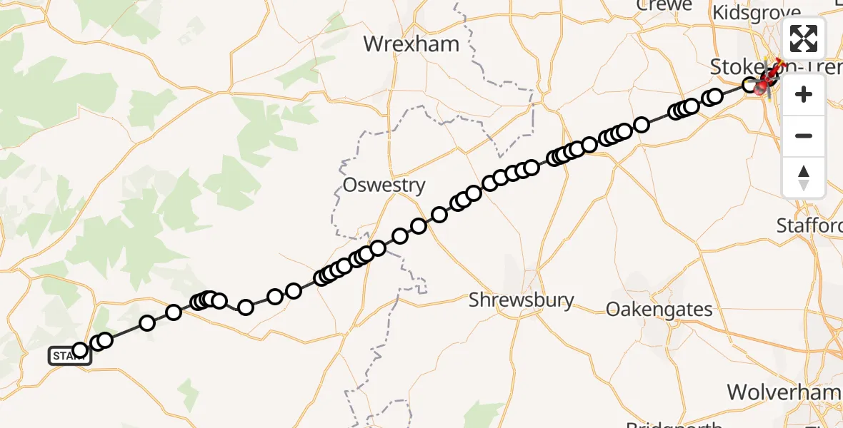 Flight path map showing Air Ambulance Helicopter route from Glantwymyn to University Hospital North Staffs