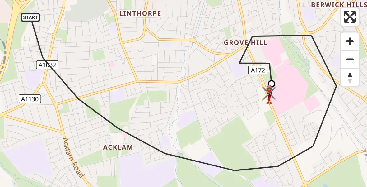 Flight path map showing Air Ambulance Helicopter route from Middlesbrough to James Cook University Hospital