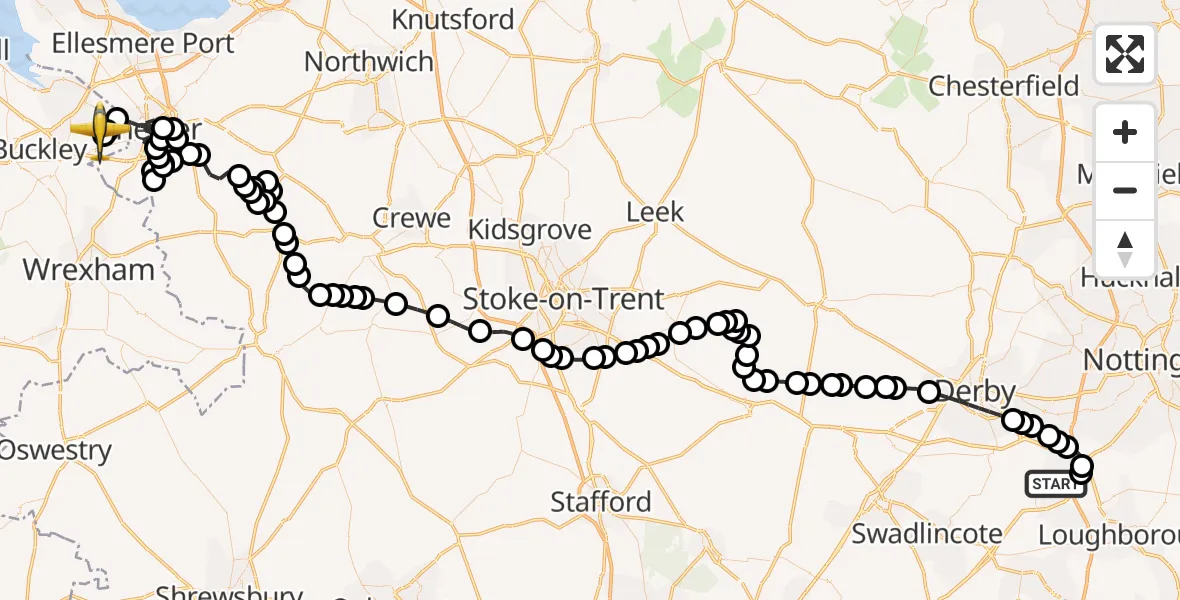 Flight path map showing Police Aircraft route from East Midlands Airport to Hawarden Airport
