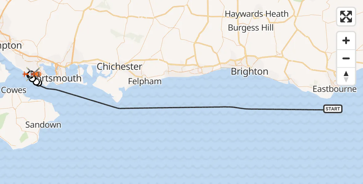 Flight path map showing Coastguard Helicopter route from English Channel to Solent Airport
