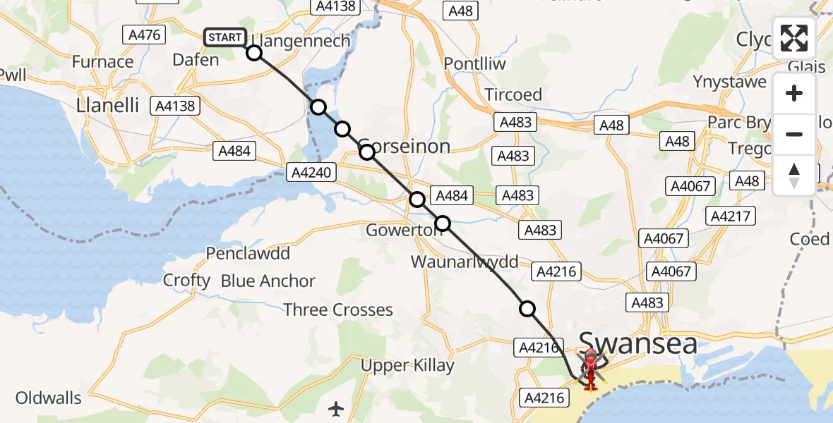 Flight path map showing Air Ambulance Helicopter route from Dafen to Swansea