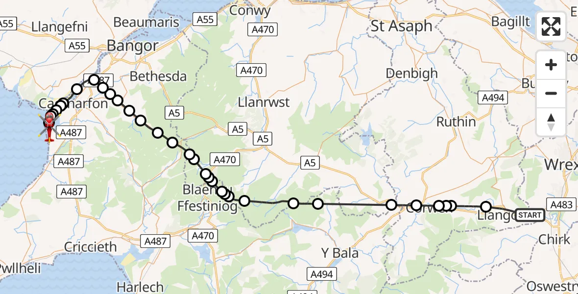 Flight path map showing Air Ambulance Helicopter route from Llangollen to Caernarfon Airport