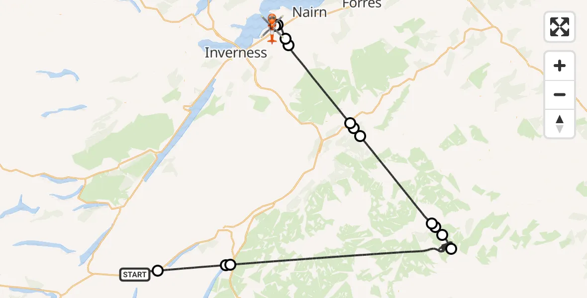 Flight path map showing Coastguard Helicopter route from Roughburn to Inverness Airport