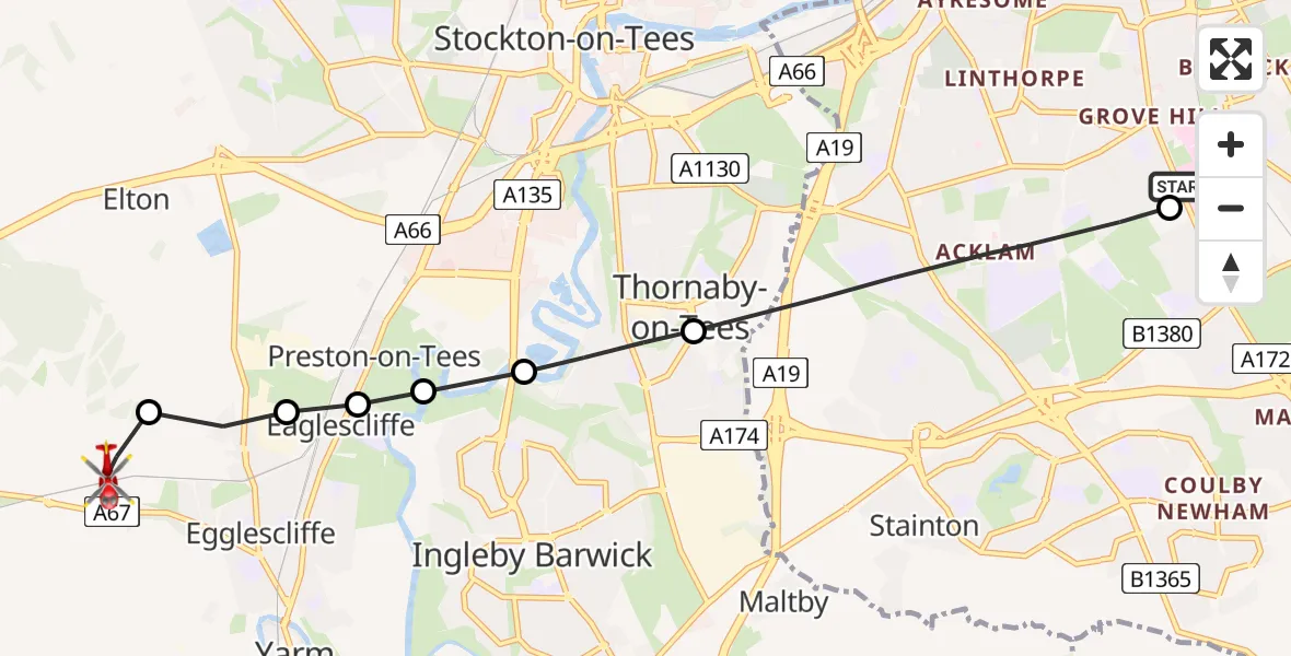 Flight path map showing Air Ambulance Helicopter route from James Cook University Hospital to Egglescliffe