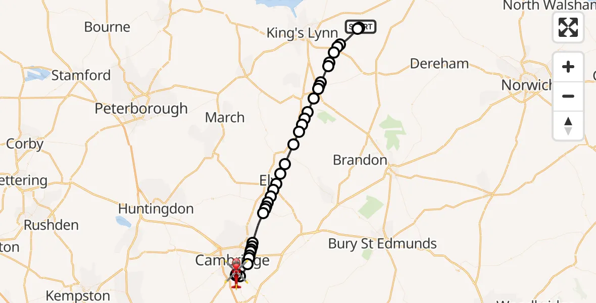 Flight path map showing Air Ambulance Helicopter route from Little Massingham to Papworth Hospital