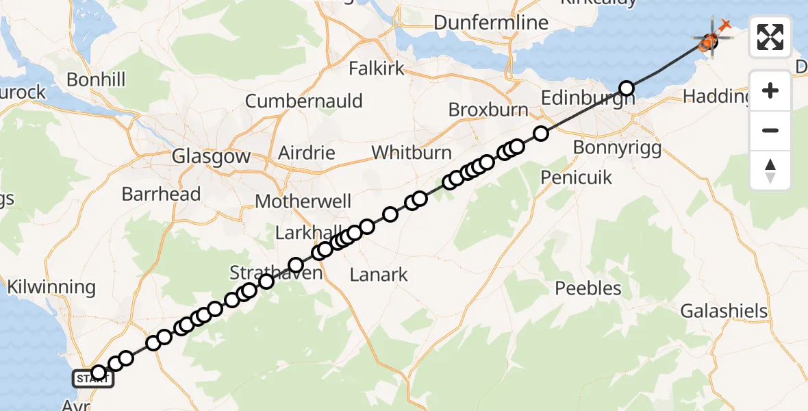 Flight path map showing Coastguard Helicopter route from Glasgow Prestwick Airport to Gullane