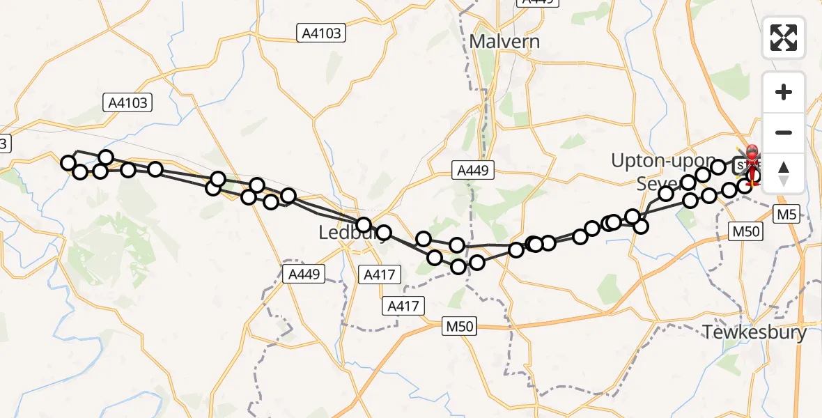Flight path map showing Air Ambulance Helicopter route from Hill Croome to Hill Croome