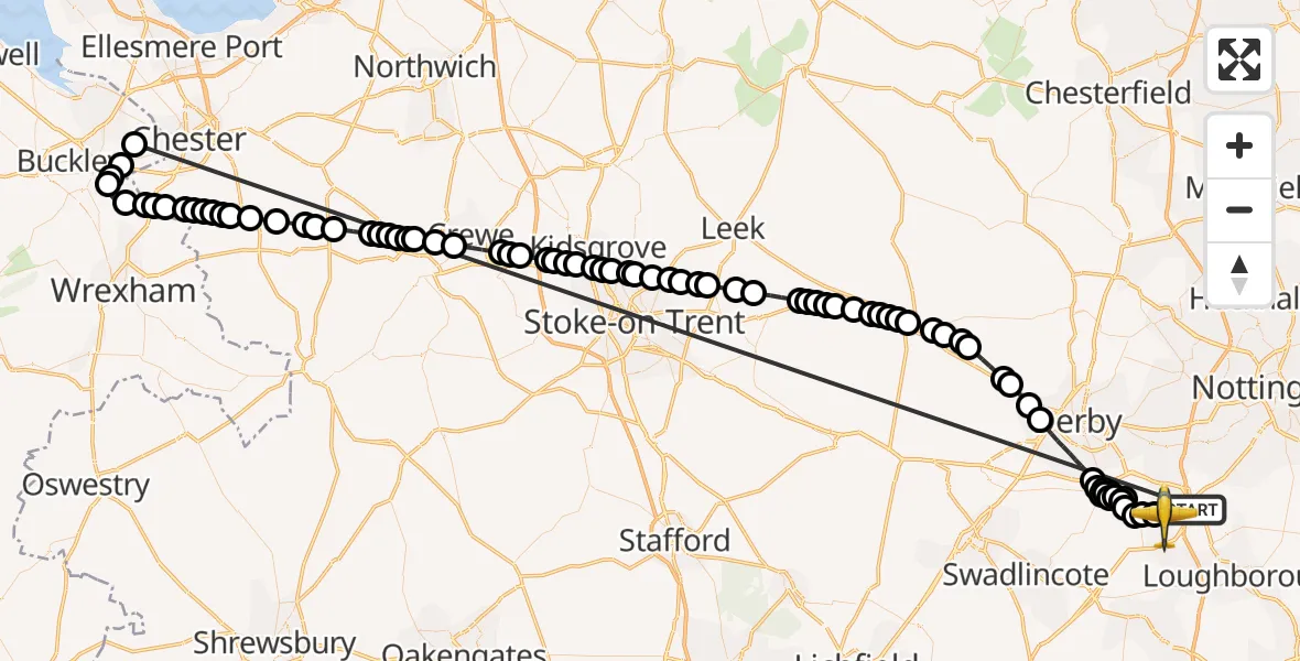 Flight path map showing Police Aircraft route from Kegworth to East Midlands Airport