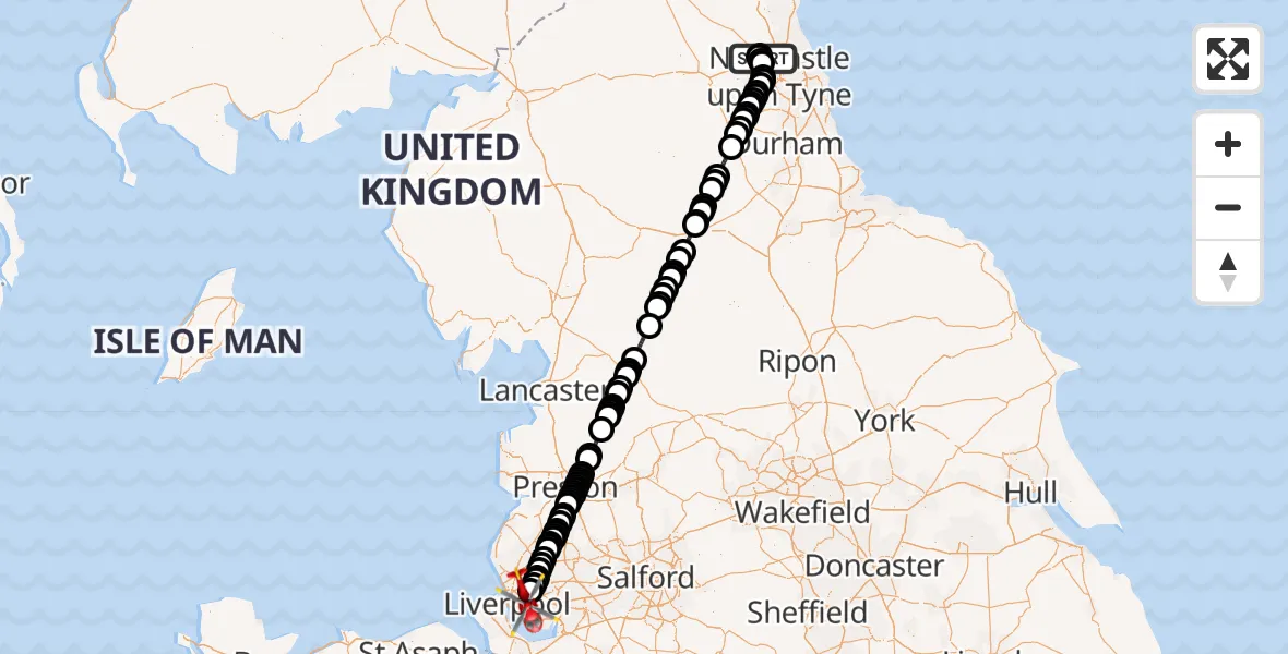 Flight path map showing Air Ambulance Helicopter route from Newcastle International Airport to Liverpool