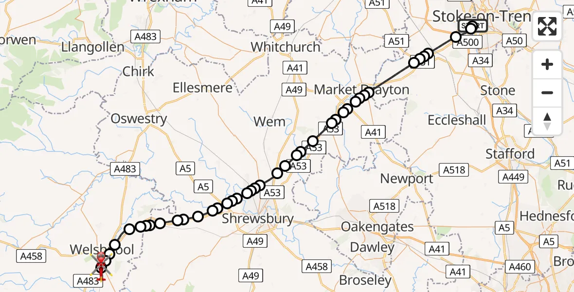 Flight path map showing Air Ambulance Helicopter route from University Hospital North Staffs to Welshpool Airport