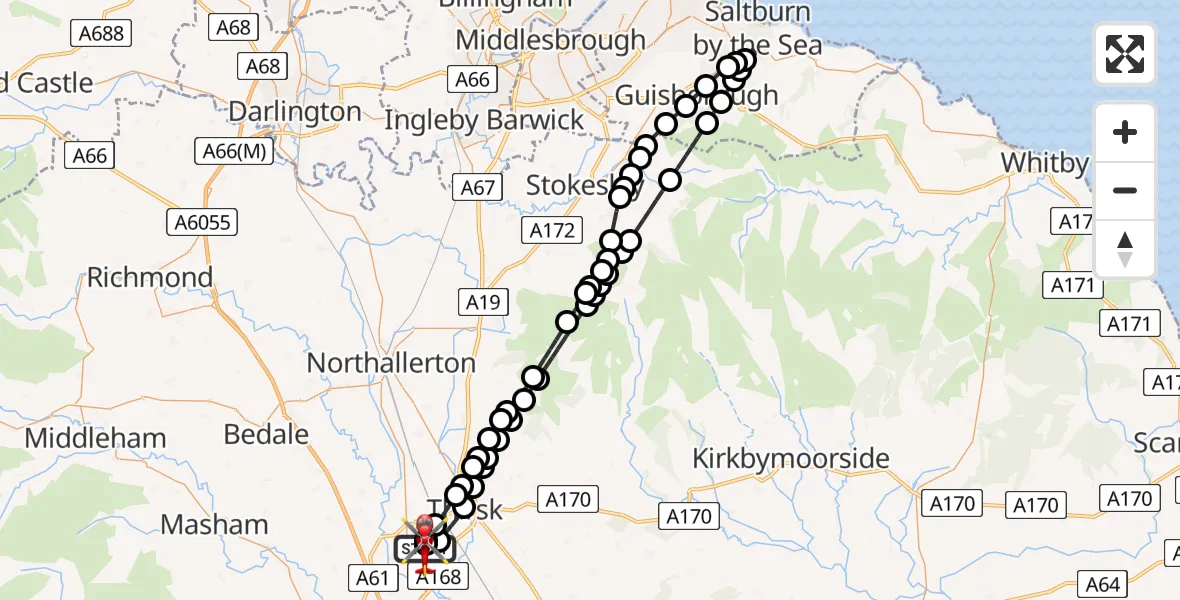 Flight path map showing Air Ambulance Helicopter route from RAF Topcliffe to RAF Topcliffe