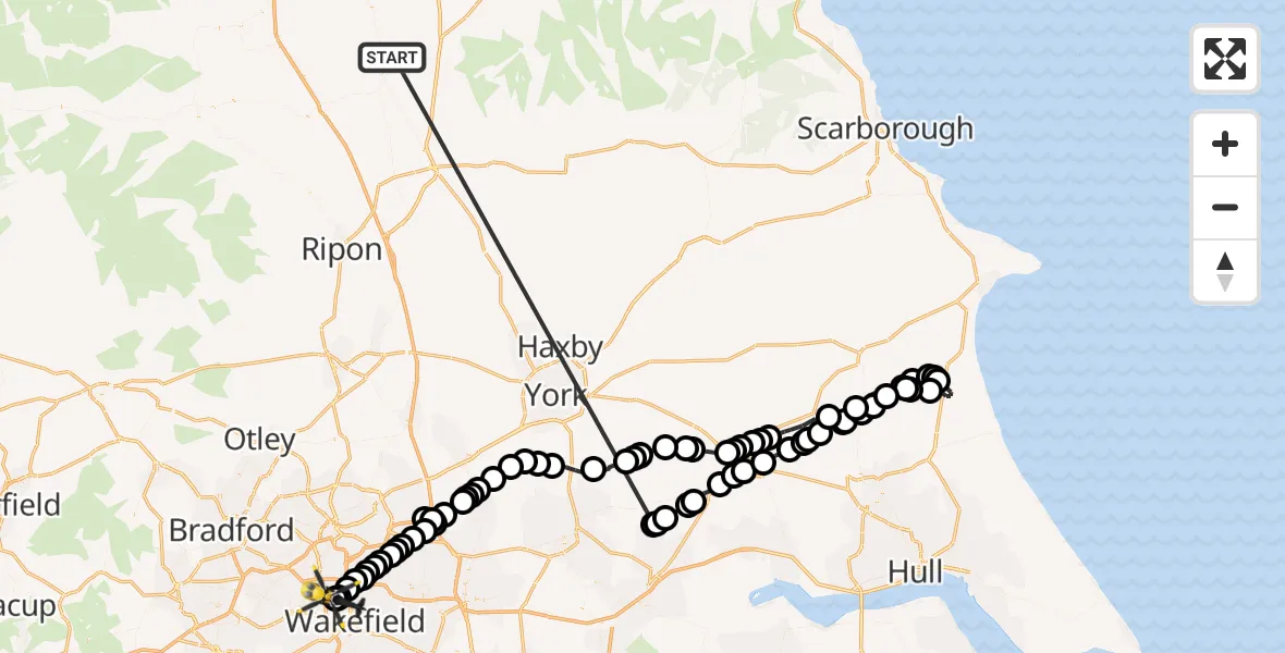 Flight path map showing Police Helicopter route from Brompton to East Ardsley