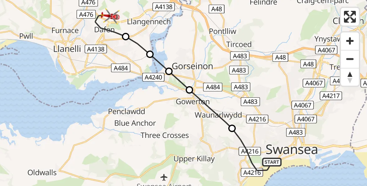 Flight path map showing Air Ambulance Helicopter route from Swansea to Dafen