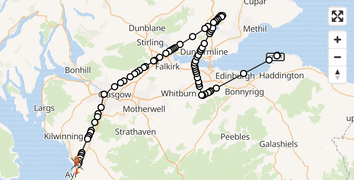Flight path map showing Coastguard Helicopter route from Gullane to Glasgow Prestwick Airport