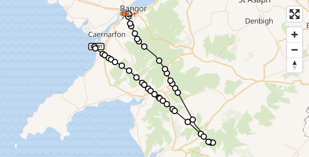Flight path map showing Coastguard Helicopter route from Caernarfon Airport to Ysbyty Gwynedd Hospital Heliport