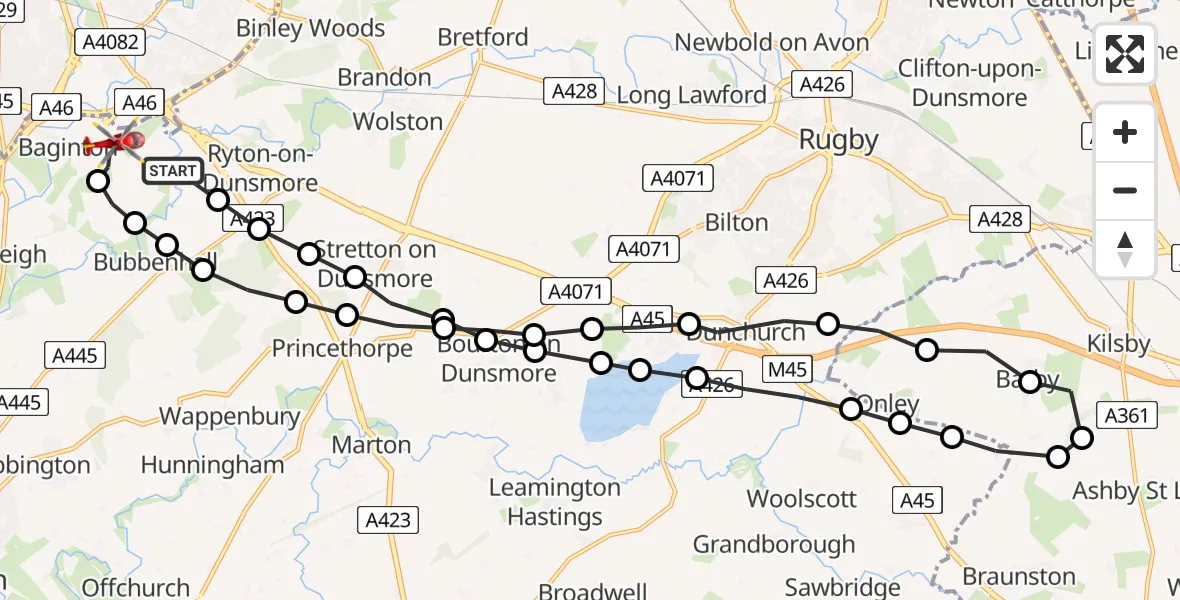 Flight path map showing Air Ambulance Helicopter route from Baginton to Coventry Airport