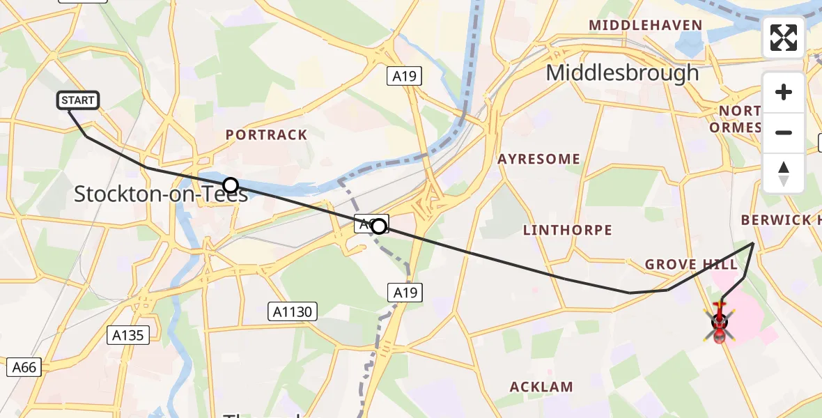 Flight path map showing Air Ambulance Helicopter route from Stockton-on-Tees to James Cook University Hospital