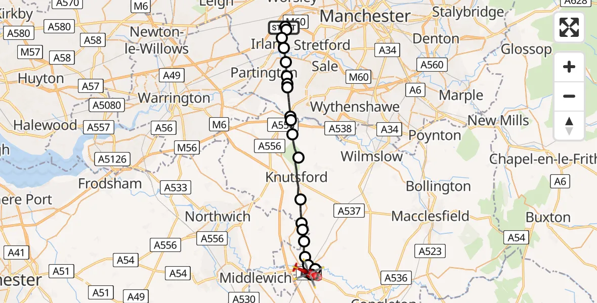 Flight path map showing Air Ambulance Helicopter route from Manchester Barton Aerodrome to Holmes Chapel