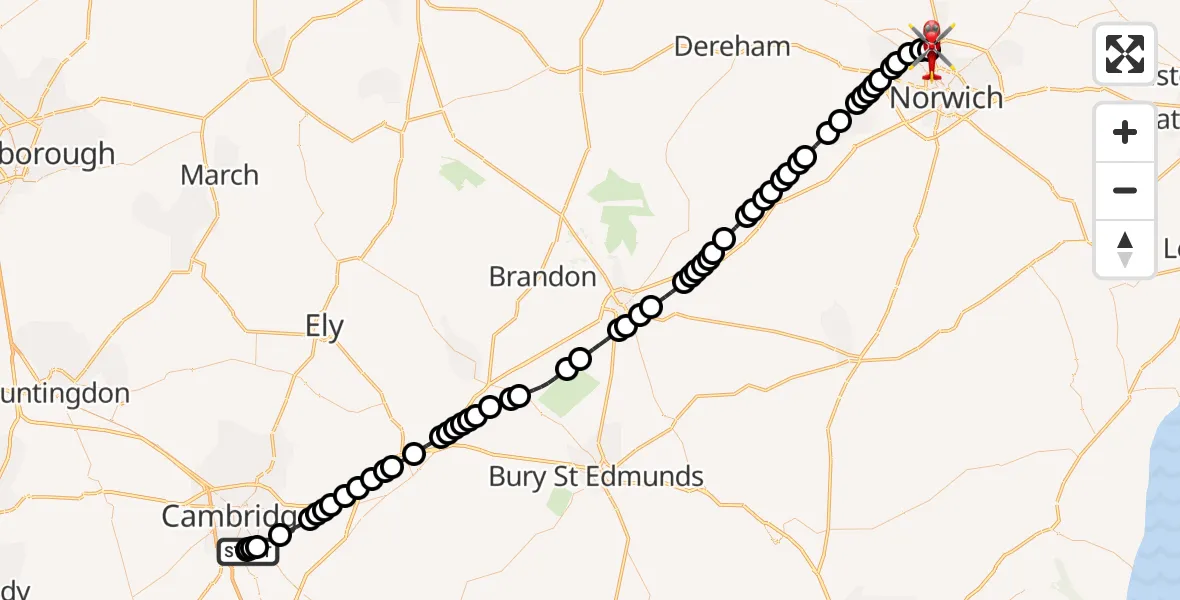 Flight path map showing Air Ambulance Helicopter route from Papworth Hospital to Norwich Airport