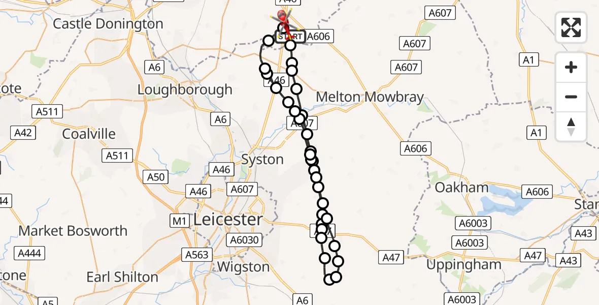 Flight path map showing Air Ambulance Helicopter route from Rushcliffe to Nottingham Heliport