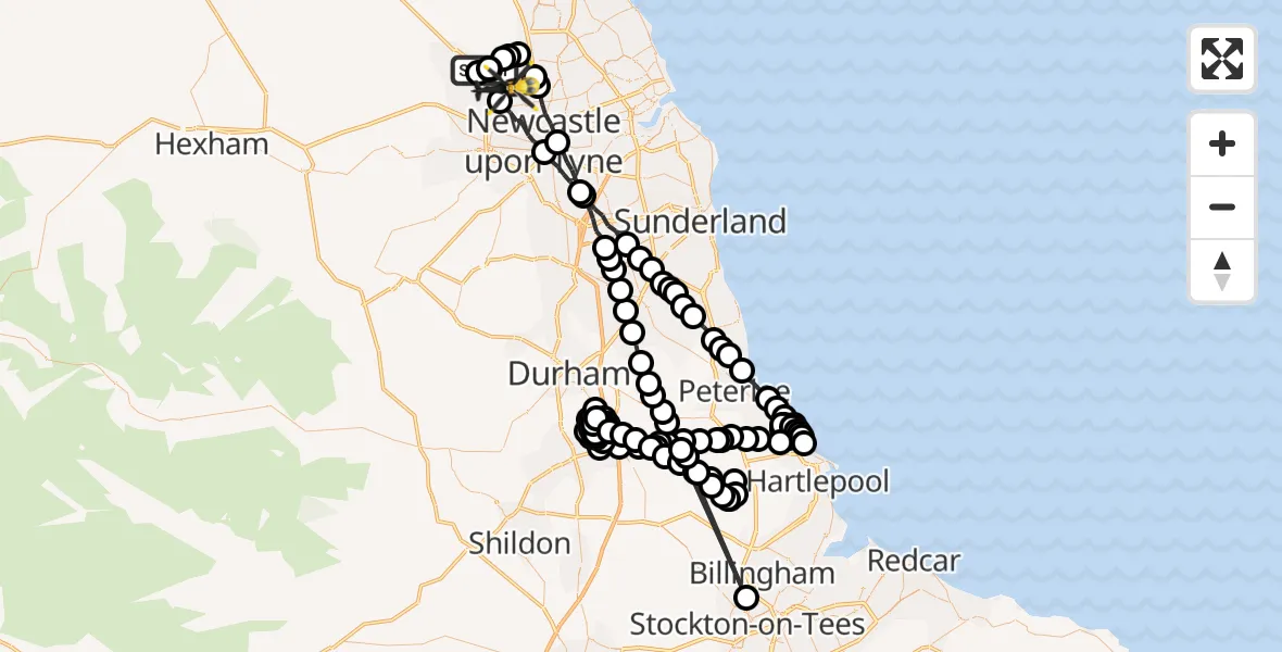 Flight path map showing Police Helicopter route from Newcastle International Airport to Newcastle upon Tyne