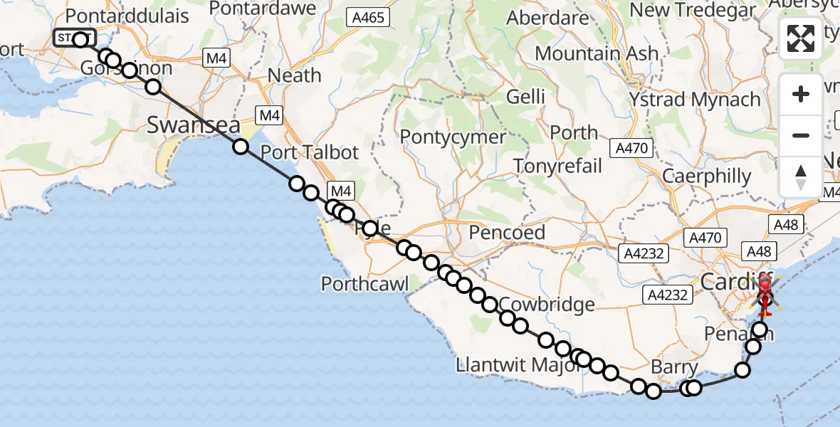 Flight path map showing Air Ambulance Helicopter route from Dafen to Cardiff Heliport