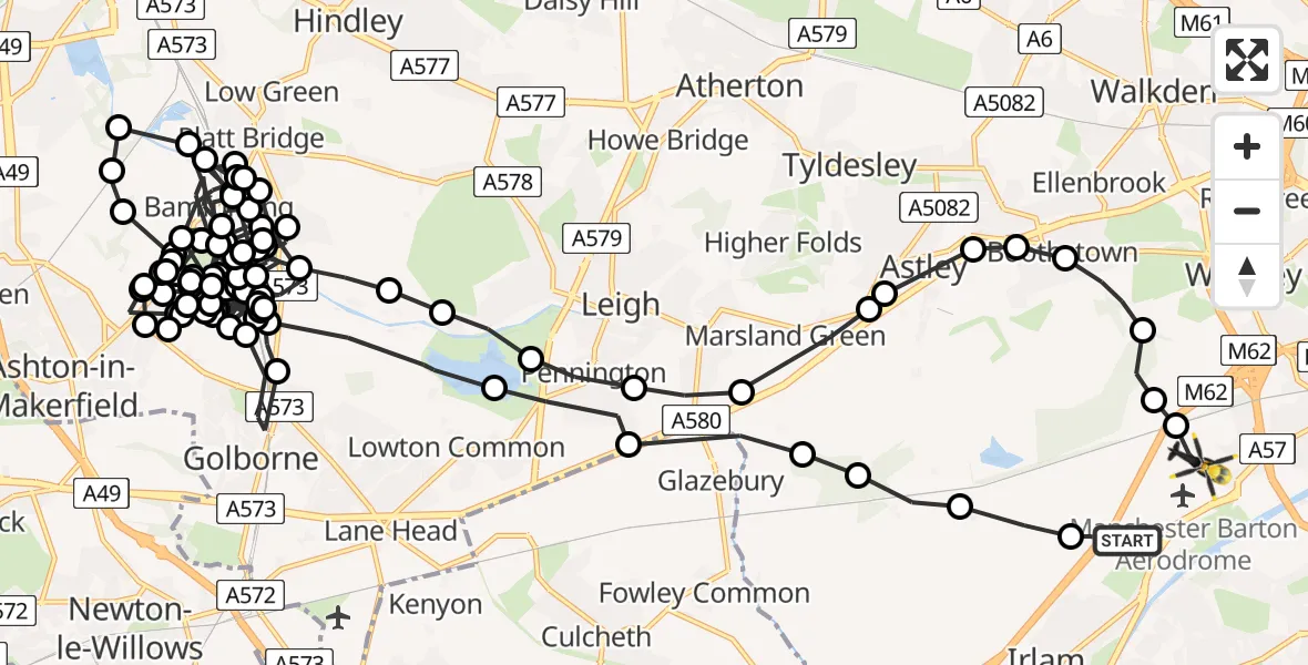 Flight path map showing Police Helicopter route from Eccles to Worsley