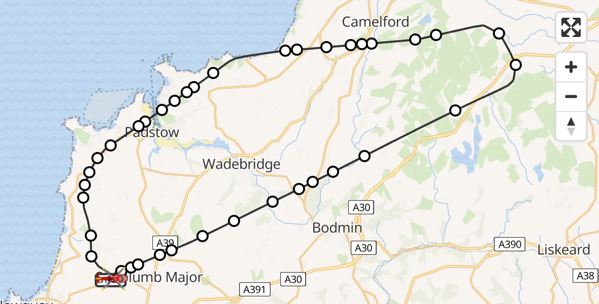 Flight path map showing Air Ambulance Helicopter route from Cornwall Airport Newquay to Cornwall Airport Newquay