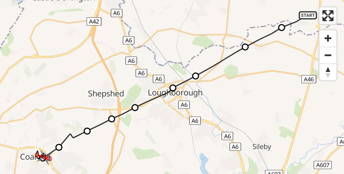 Flight path map showing Air Ambulance Helicopter route from Willoughby on the Wolds to Coalville