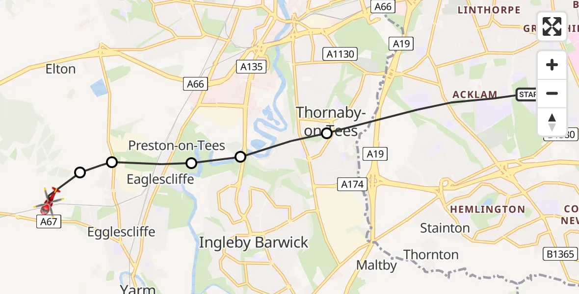 Flight path map showing Air Ambulance Helicopter route from Middlesbrough to Egglescliffe