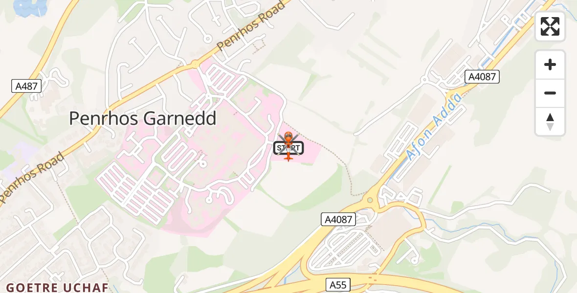 Flight path map showing Coastguard Helicopter route from Ysbyty Gwynedd Hospital Heliport to Ysbyty Gwynedd Hospital Heliport