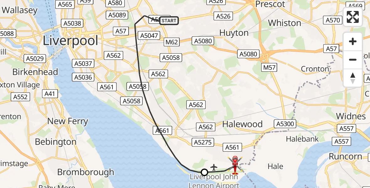 Flight path map showing Air Ambulance Helicopter route from Liverpool to Liverpool John Lennon Airport
