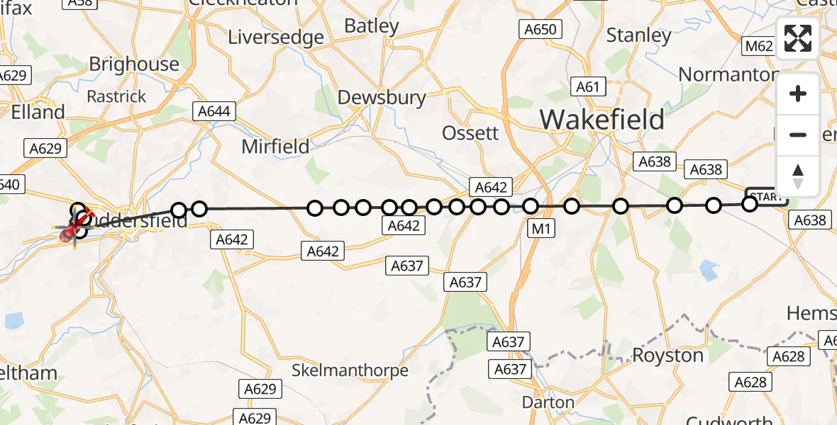 Flight path map showing Air Ambulance Helicopter route from YAA Nostell Helicopter Port to Milnsbridge