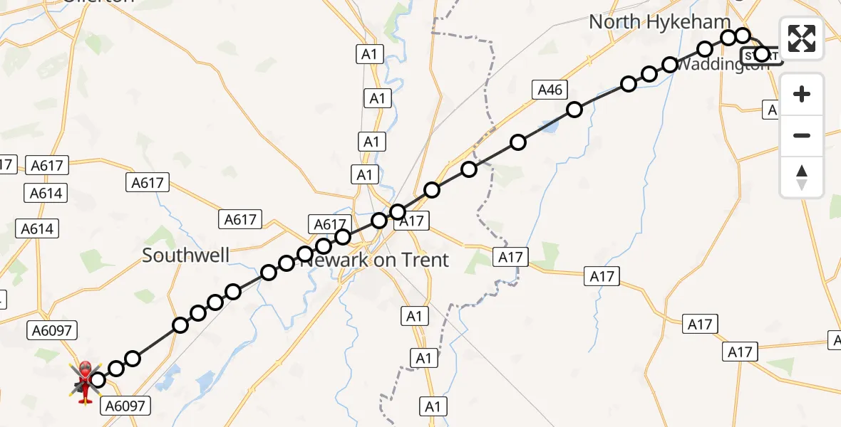 Flight path map showing Air Ambulance Helicopter route from RAF Waddington to Lowdham CP