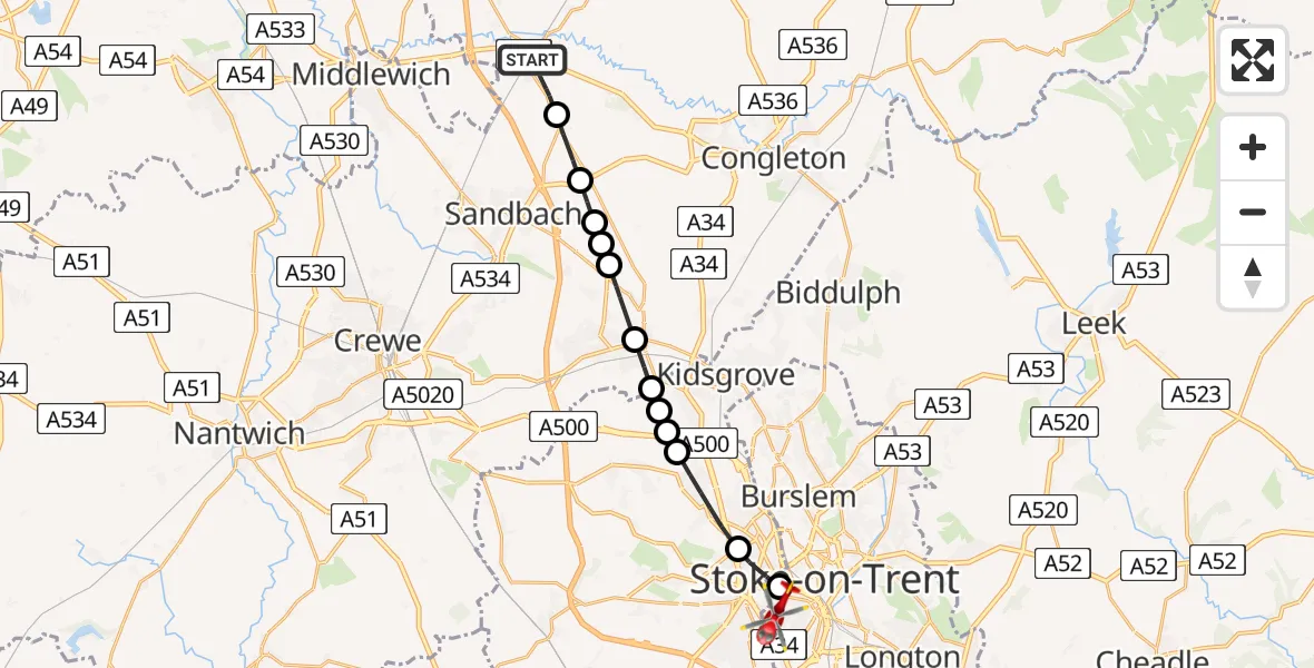 Flight path map showing Air Ambulance Helicopter route from Holmes Chapel to Stoke