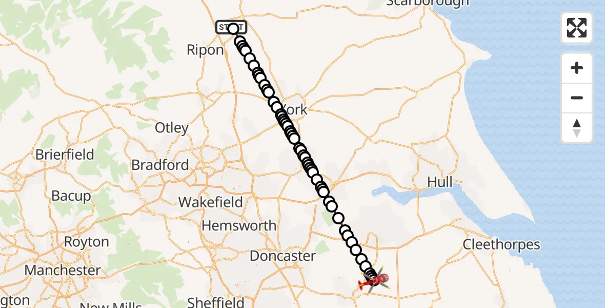 Flight path map showing Air Ambulance Helicopter route from RAF Topcliffe to Blyton CP