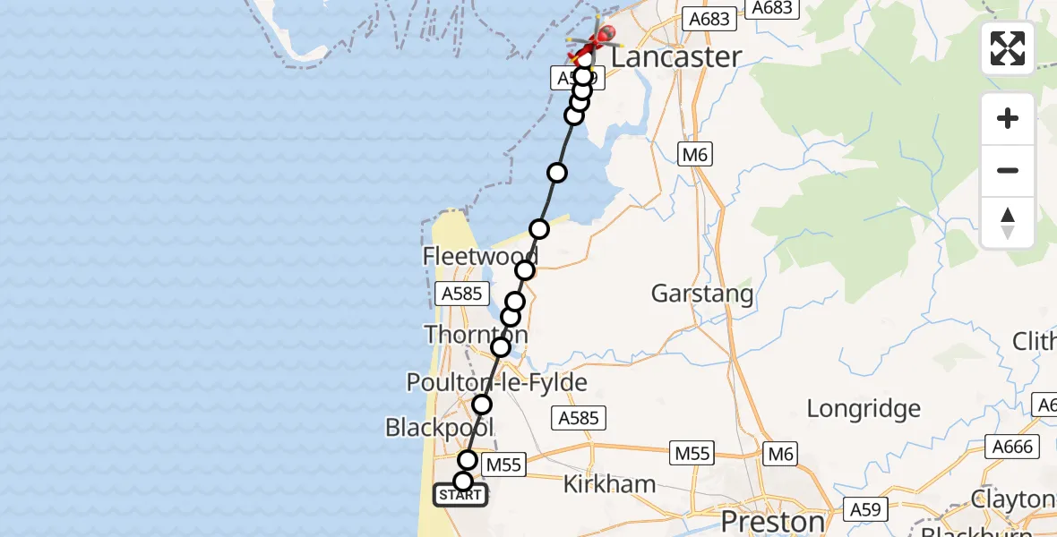 Flight path map showing Air Ambulance Helicopter route from Blackpool Airport to Lancaster