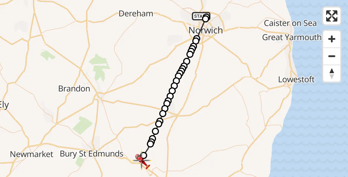 Flight path map showing Air Ambulance Helicopter route from Norwich Airport to Haughley