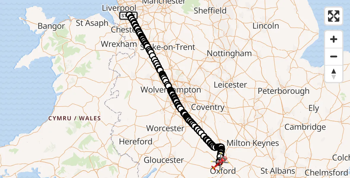 Flight path map showing Air Ambulance Helicopter route from Liverpool John Lennon Airport to London Oxford Airport