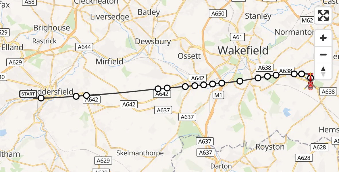 Flight path map showing Air Ambulance Helicopter route from Milnsbridge to YAA Nostell Helicopter Port
