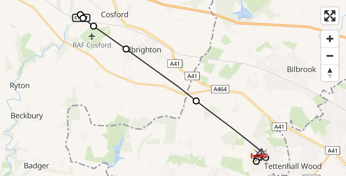 Flight path map showing Air Ambulance Helicopter route from RAF Cosford to South Staffordshire