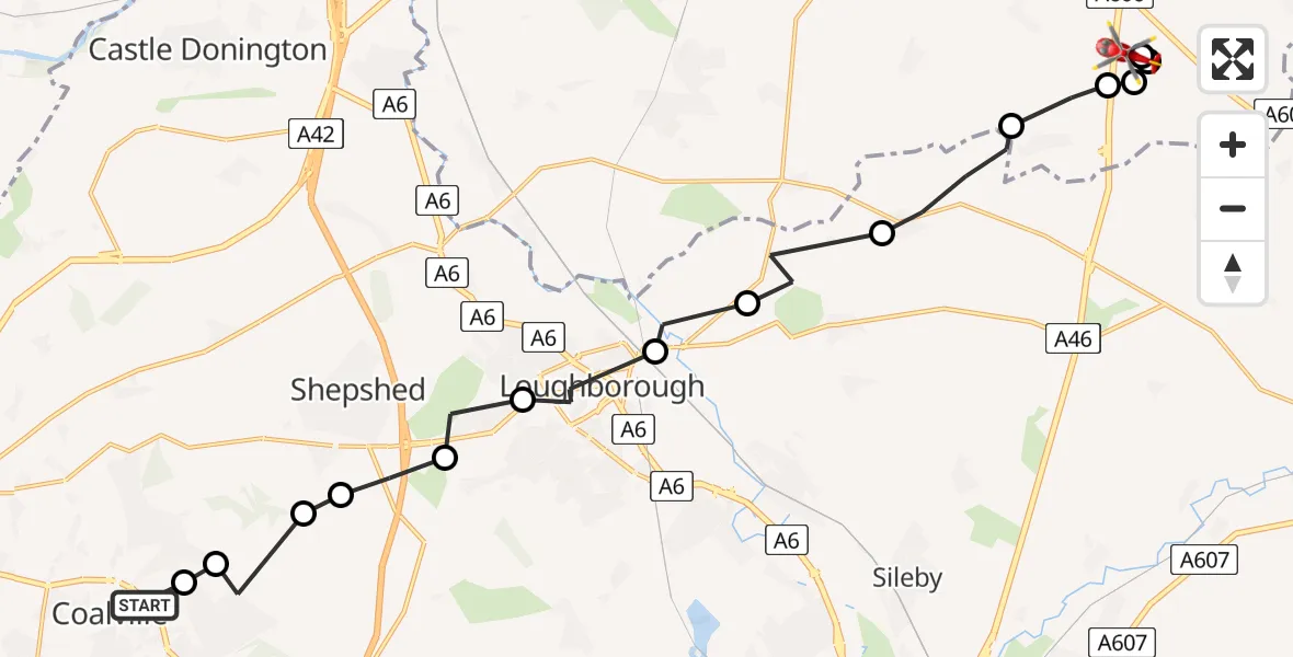Flight path map showing Air Ambulance Helicopter route from Whitwick to Nottingham Heliport