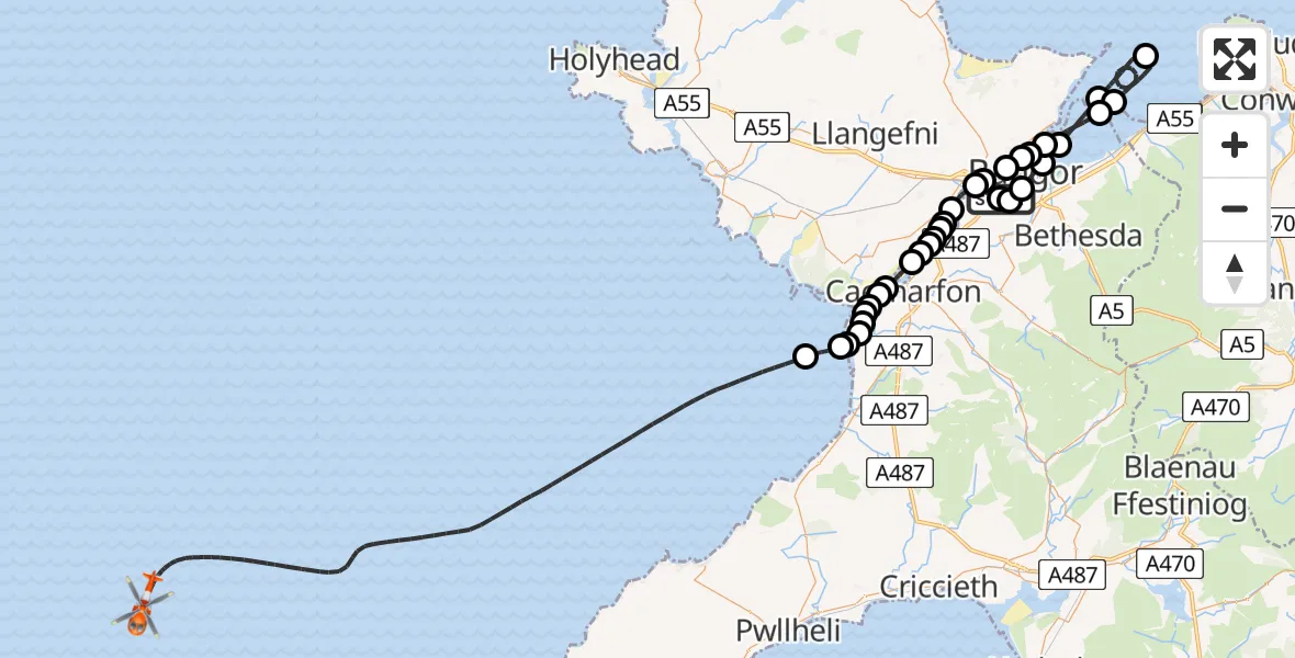 Flight path map showing Coastguard Helicopter route from Ysbyty Gwynedd Hospital Heliport to Irish Sea