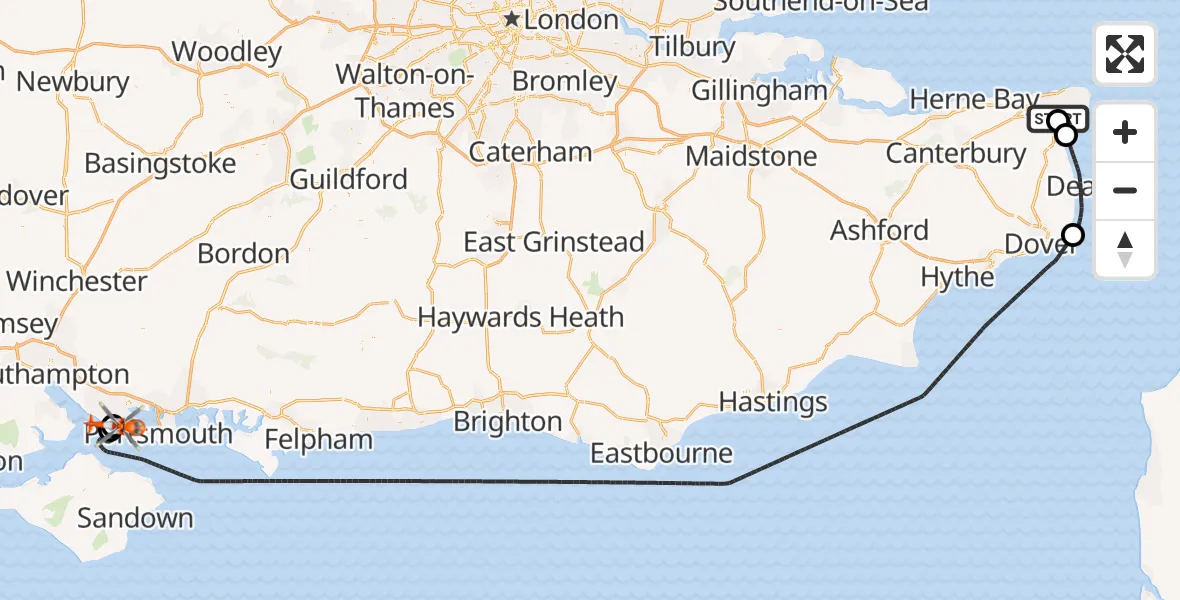 Flight path map showing Coastguard Helicopter route from Manston Airport to Solent Airport