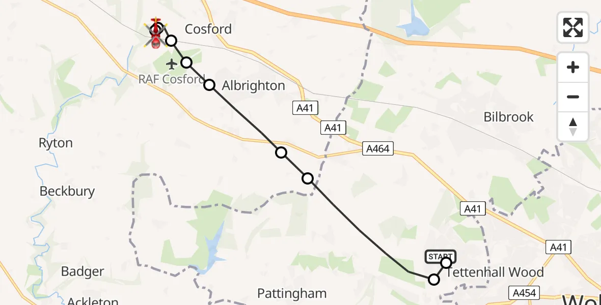 Flight path map showing Air Ambulance Helicopter route from South Staffordshire to Cosford