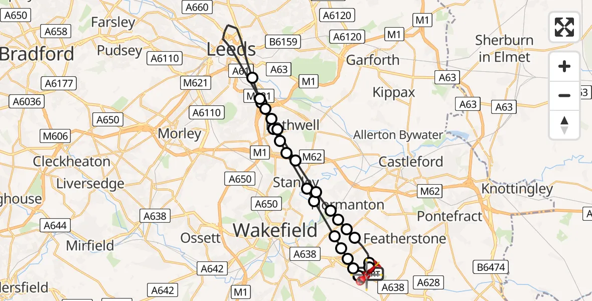 Flight path map showing Air Ambulance Helicopter route from YAA Nostell Helicopter Port to YAA Nostell Helicopter Port