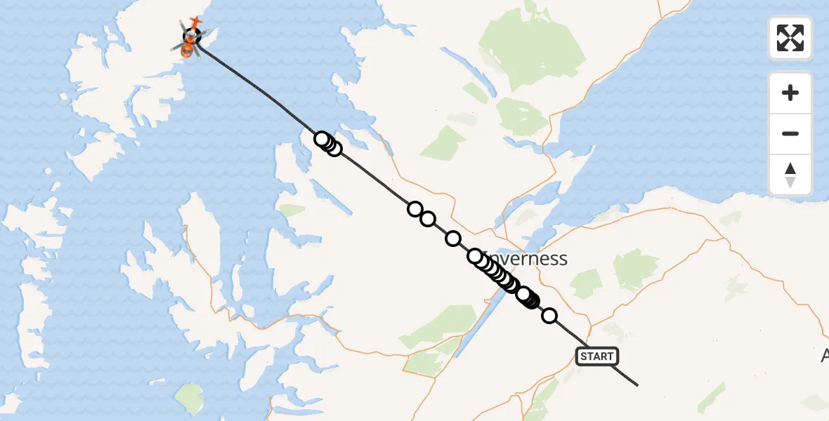 Flight path map showing Coastguard Helicopter route from Aviemore to Stornoway Airport
