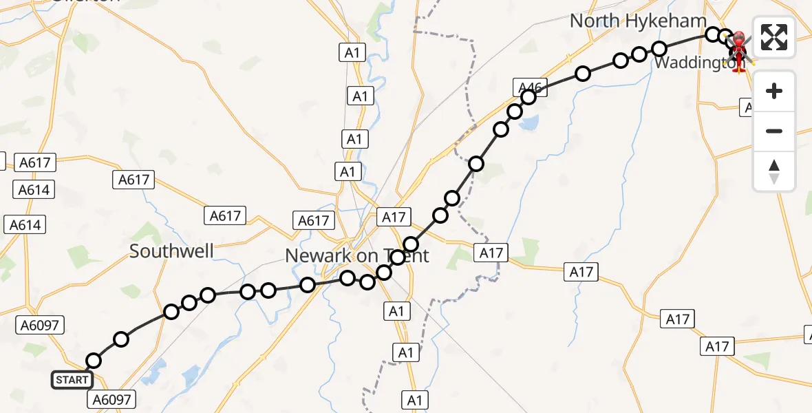 Routekaart van de vlucht: Air Ambulance Helicopter to North Kesteven, Sleaford Road